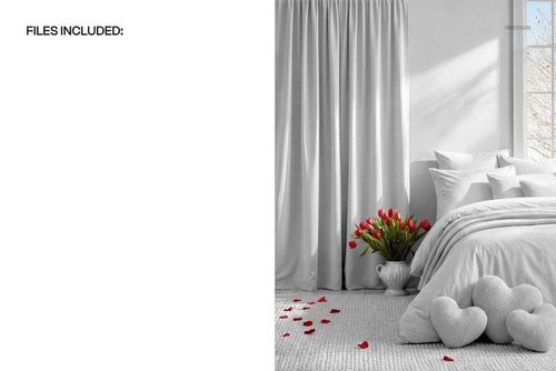 Front view of a bedroom mockup with white bedding, heart-shaped pillows, red tulips in a vase, and soft daylight.