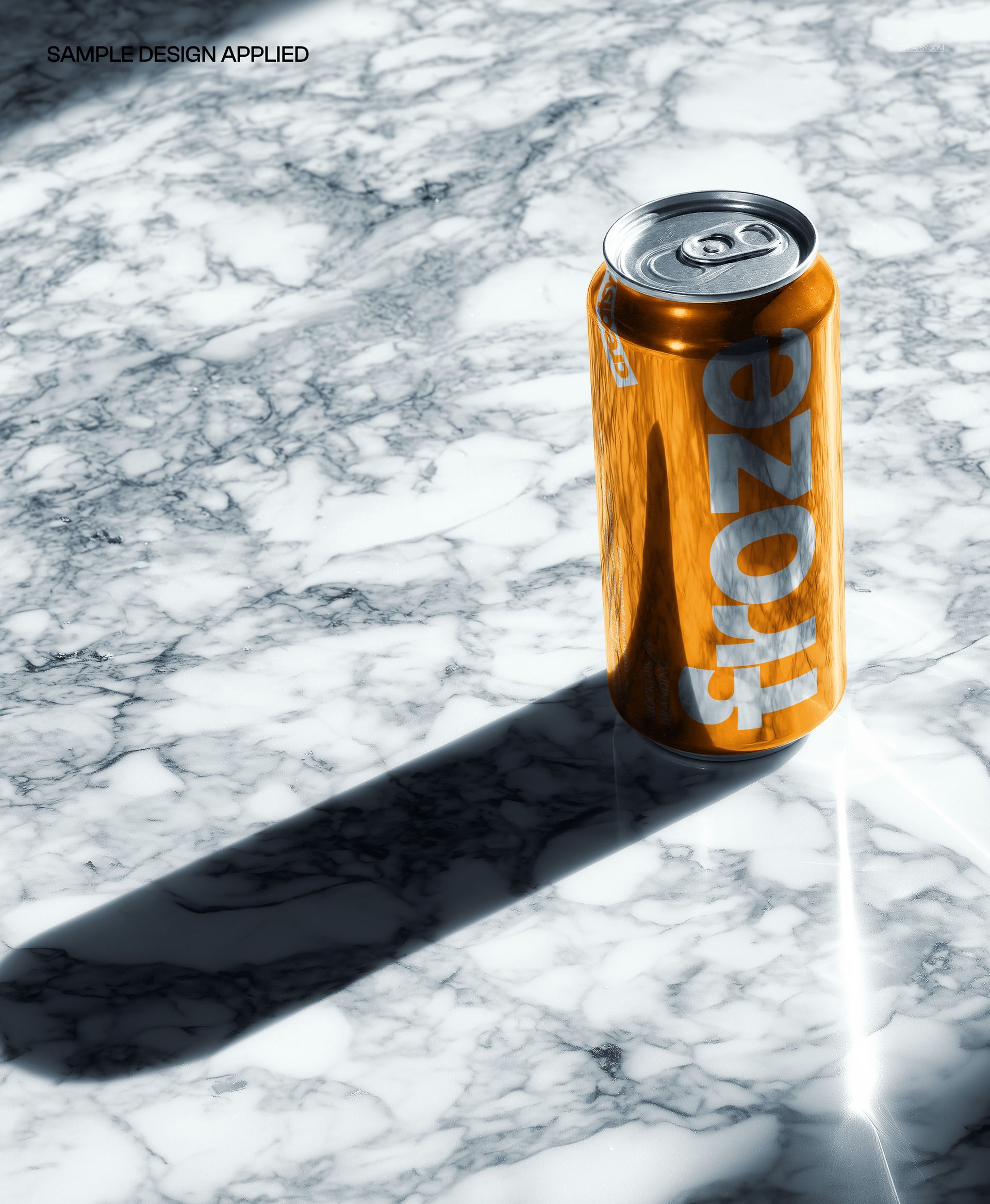 PSD mockup of a metallic orange soda can on a marble tabletop, illuminated by strong sunlight and shadow.