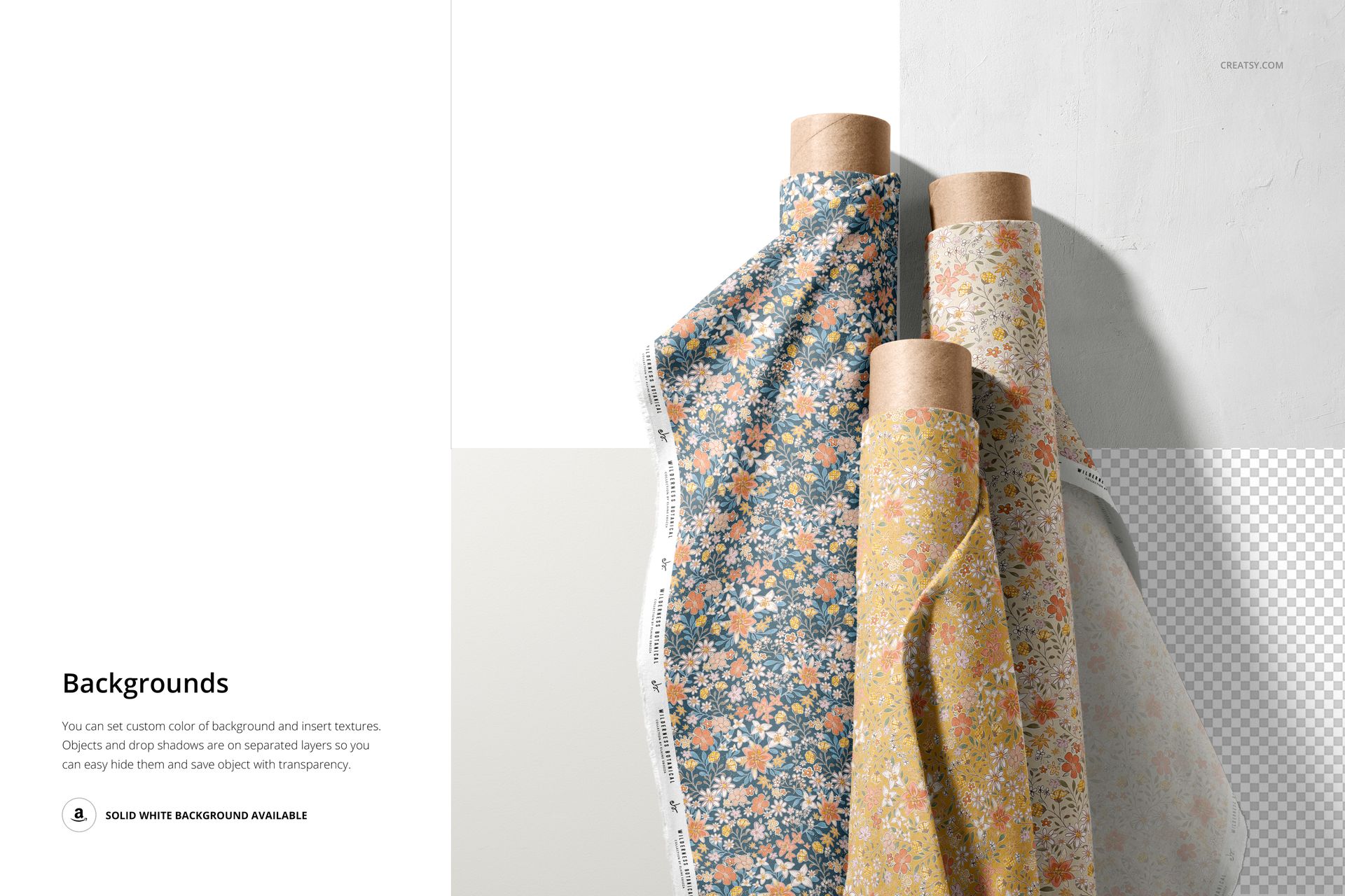 Vertical arrangement of three patterned fabric rolls in blue, yellow, and orange, shown in a realistic PSD mockup scene.