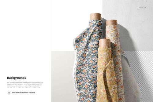 Vertical arrangement of three patterned fabric rolls in blue, yellow, and orange, shown in a realistic PSD mockup scene.