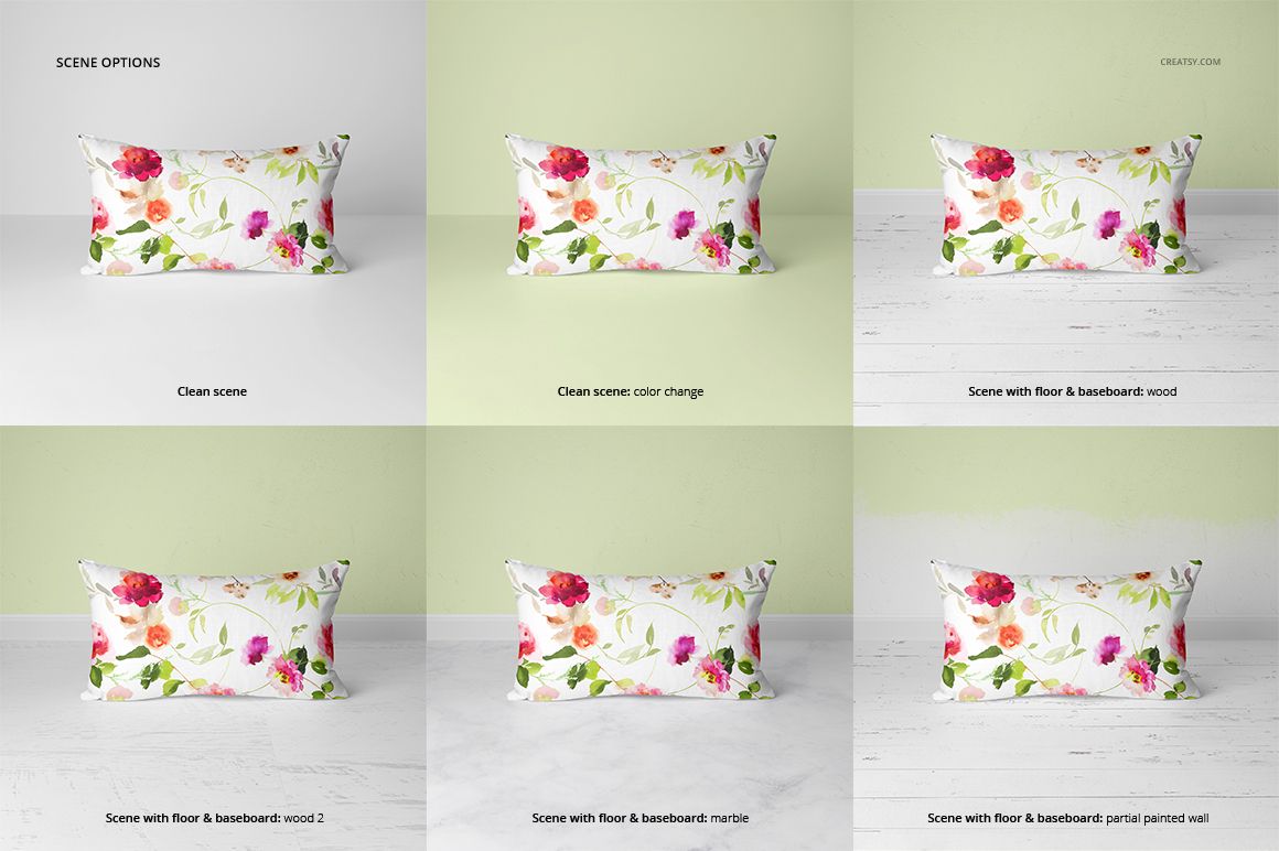 Rectangular pillow mockup shown with colorful flower design across various backgrounds, including wood and marble floors.