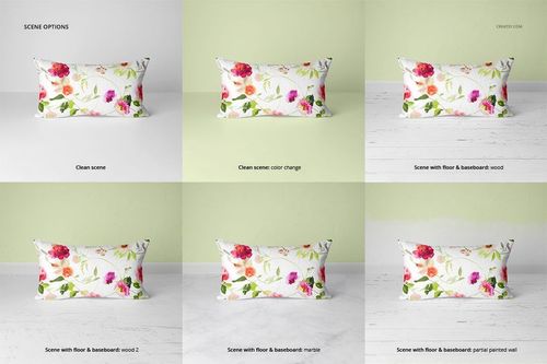 Rectangular pillow mockup shown with colorful flower design across various backgrounds, including wood and marble floors.