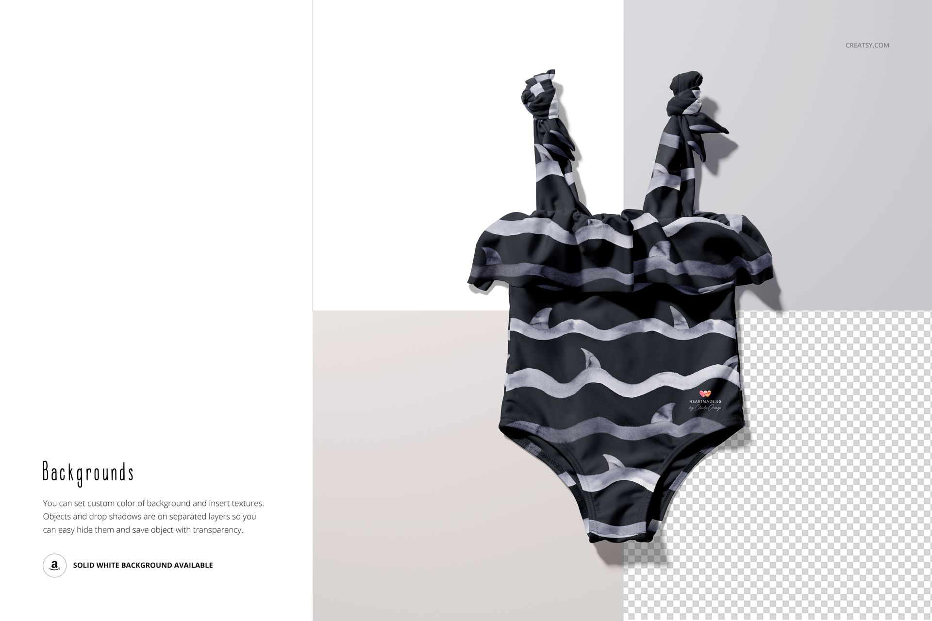 Baby swimsuit mockup displayed from the front, featuring a dark wavy design and tied shoulder straps on a color-block background.