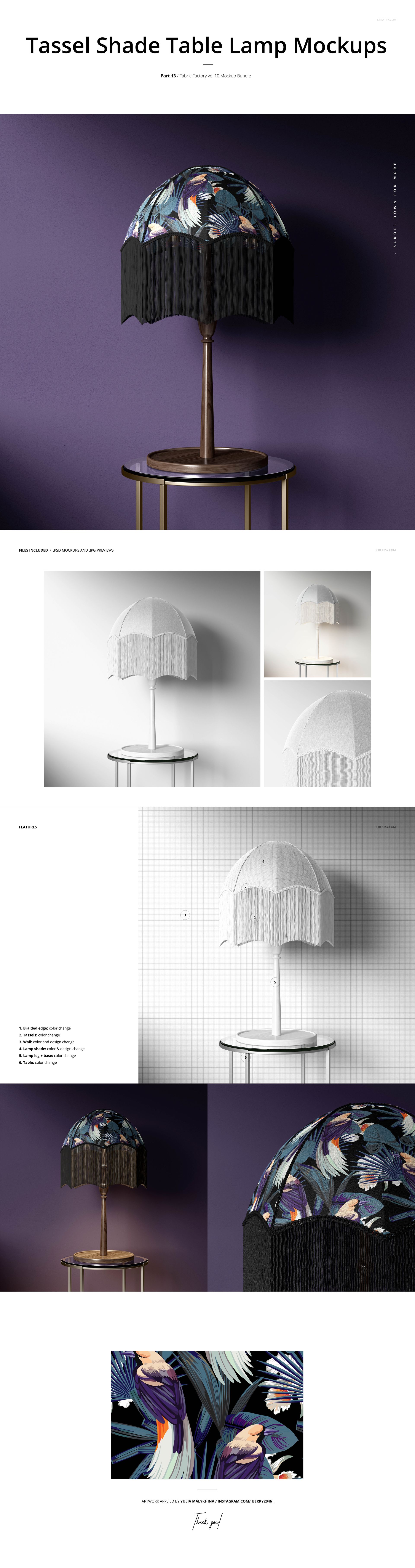 Fabric Factory PSD mockup of a table lamp with a decorative tassel shade, displayed in a modern home setting.