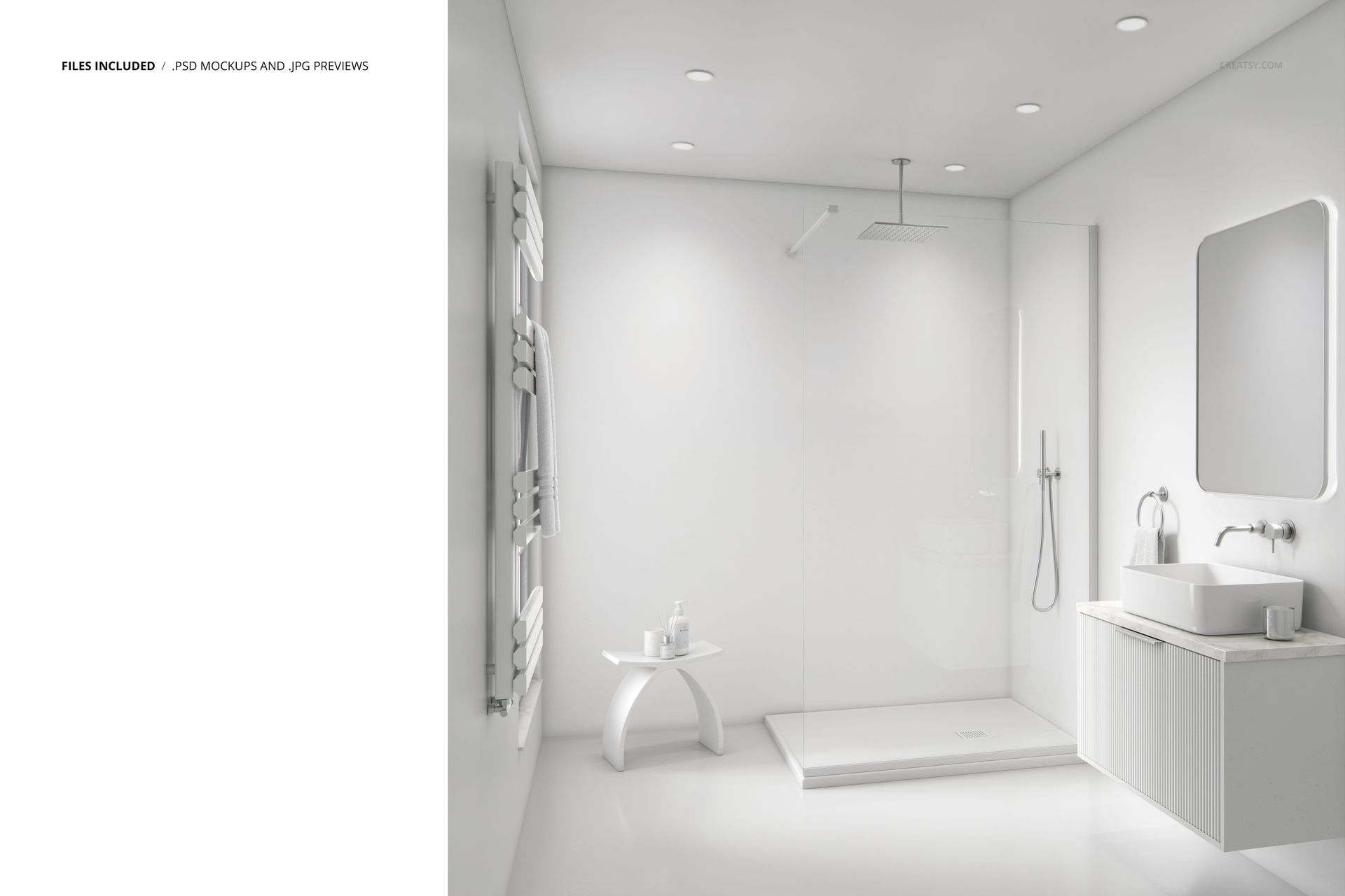 Modern bathroom mockup featuring a walk-in shower, wall-mounted sink, and large mirror in a white minimalist setting.