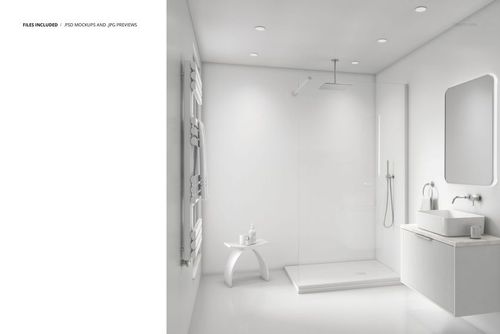 Modern bathroom mockup featuring a walk-in shower, wall-mounted sink, and large mirror in a white minimalist setting.