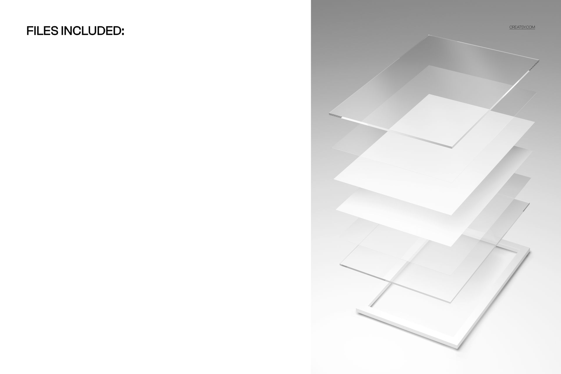 Exploded view of an acrylic print mockup showing layered transparent and white panels on a light background.