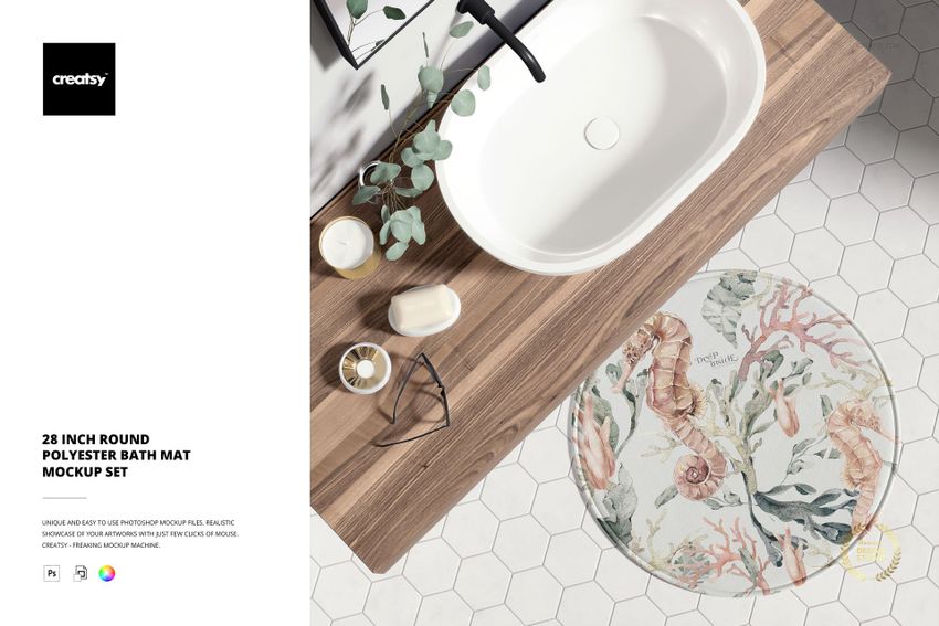 PSD mockup of a 28 inch round bath mat with aquatic motifs, displayed on a tiled bathroom floor next to toiletries.