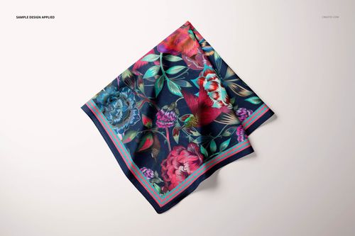 Colorful square silk scarf mockup featuring bold flowers and leaves, displayed flat against a neutral background.