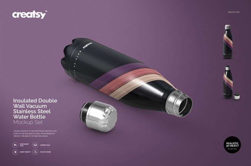 Insulated Double Wall Vacuum Stainless Steel Water Bottle Mockup Set - mockup screenshot 1