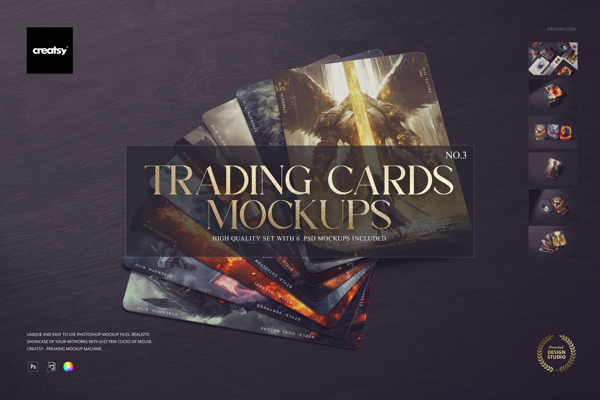 Fan arrangement of trading cards with fantasy artwork on a dark wooden surface, shown in a realistic PSD mockup style.