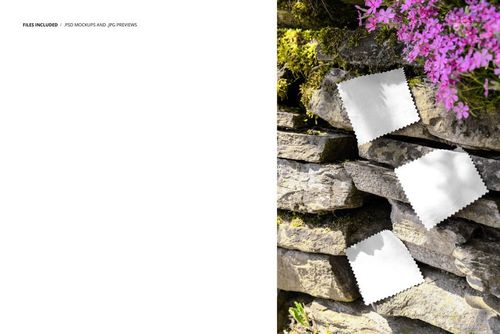 PSD mockup featuring blank fabric swatches placed on natural stone with green moss and blooming purple flowers.