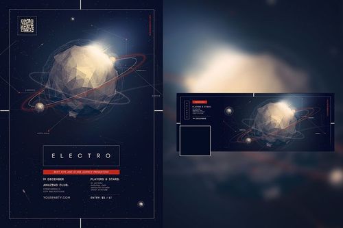 Front view of a poster mockup featuring a polygonal planet design with orbiting rings and a dark space background.
