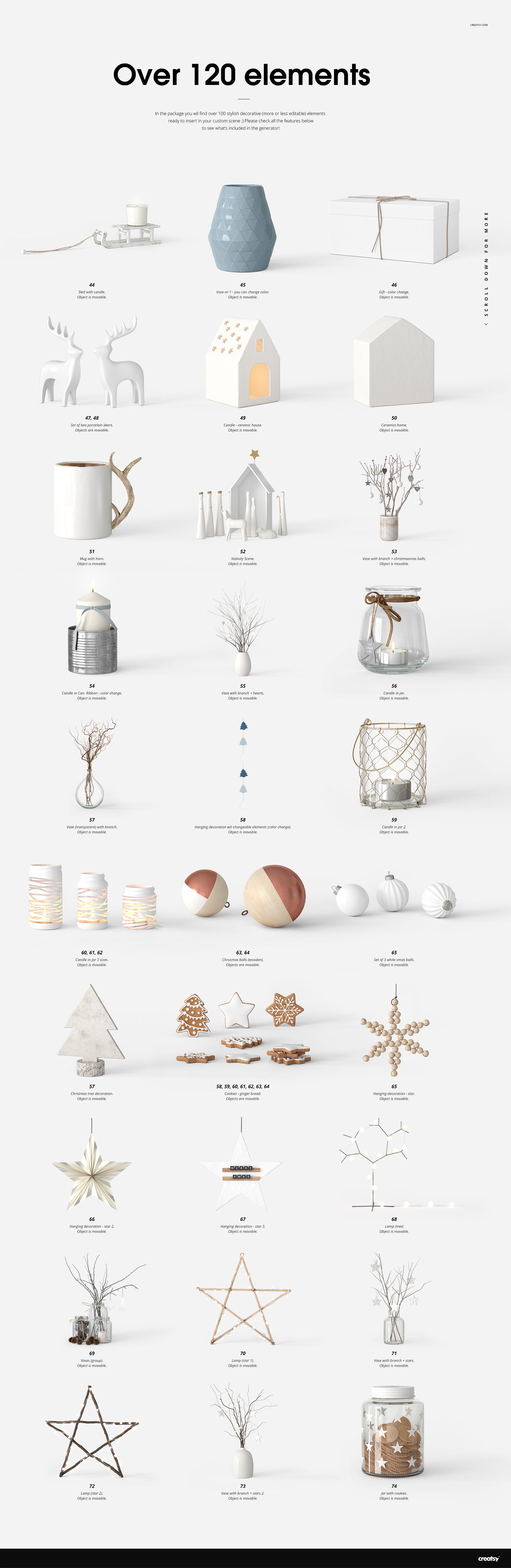 Minimalist holiday scene creator mockup featuring various neutral-toned Christmas props and accessories from a front view.
