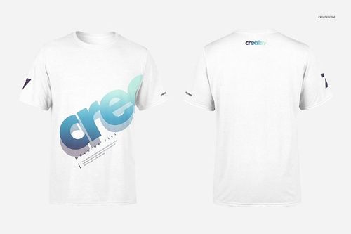 Men's and women's t-shirt mockup showing front and back sides with gradient blue print on clean white fabric.