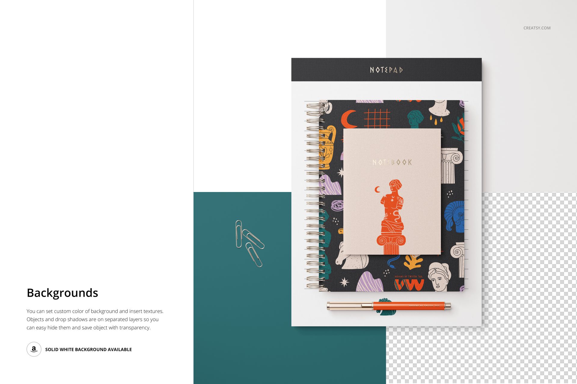 Stationery set mockup featuring a spiral notebook with colorful abstract cover, notepad, and pencils on layered backgrounds.