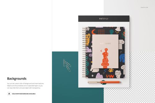 Stationery set mockup featuring a spiral notebook with colorful abstract cover, notepad, and pencils on layered backgrounds.