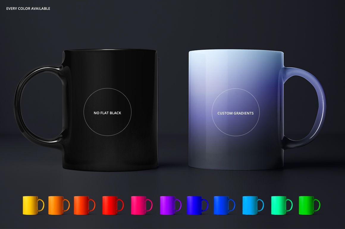 Black mug and gradient blue mug mockup shown together, with a row of mugs in various bright colors underneath.