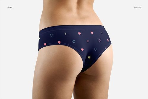 Back view of women's briefs mockup featuring a navy base with scattered pastel hearts and shapes on a plain background.