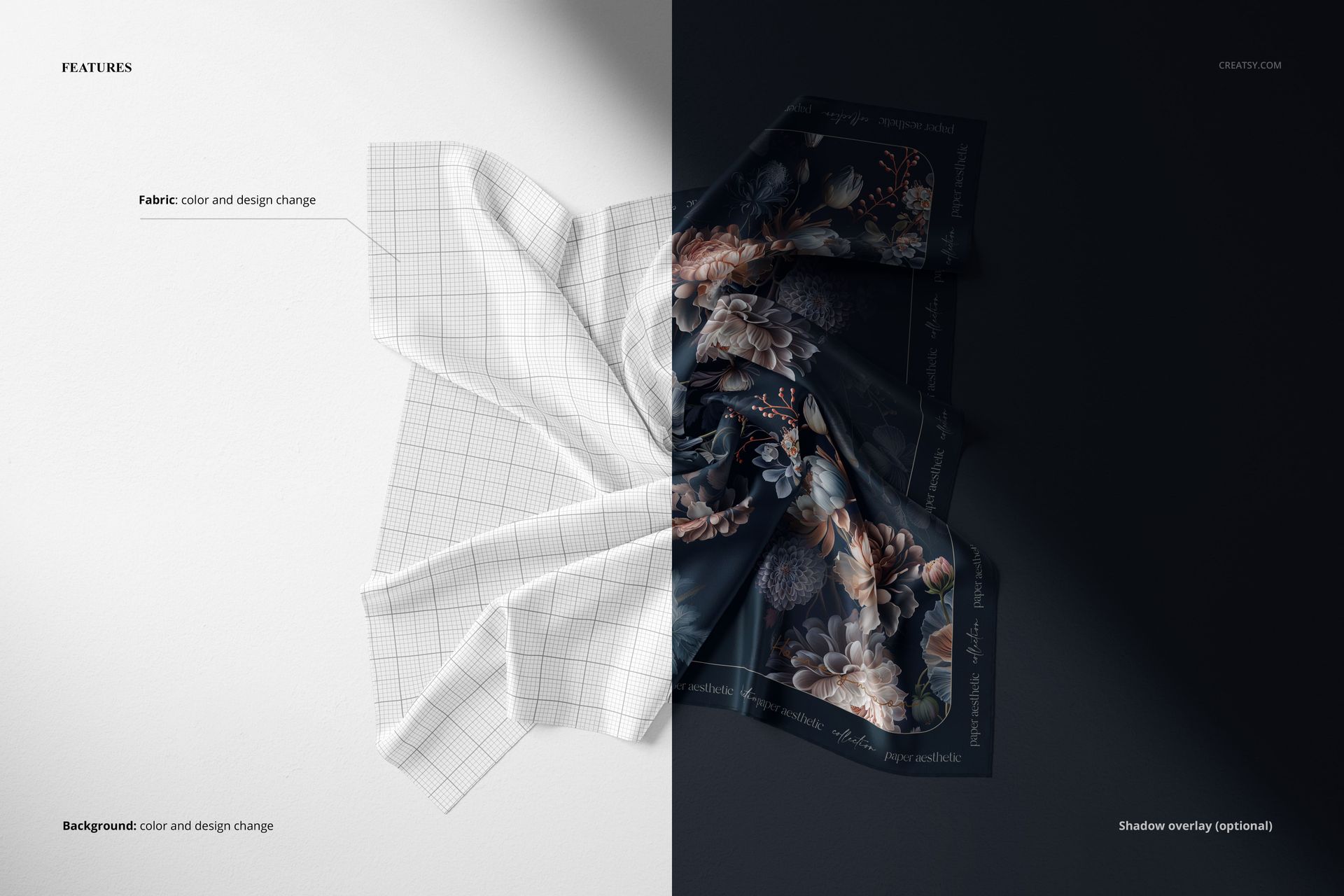 Crumpled square silk scarf mockup shown from a top view, half with grid pattern and half with floral design on dark fabric.