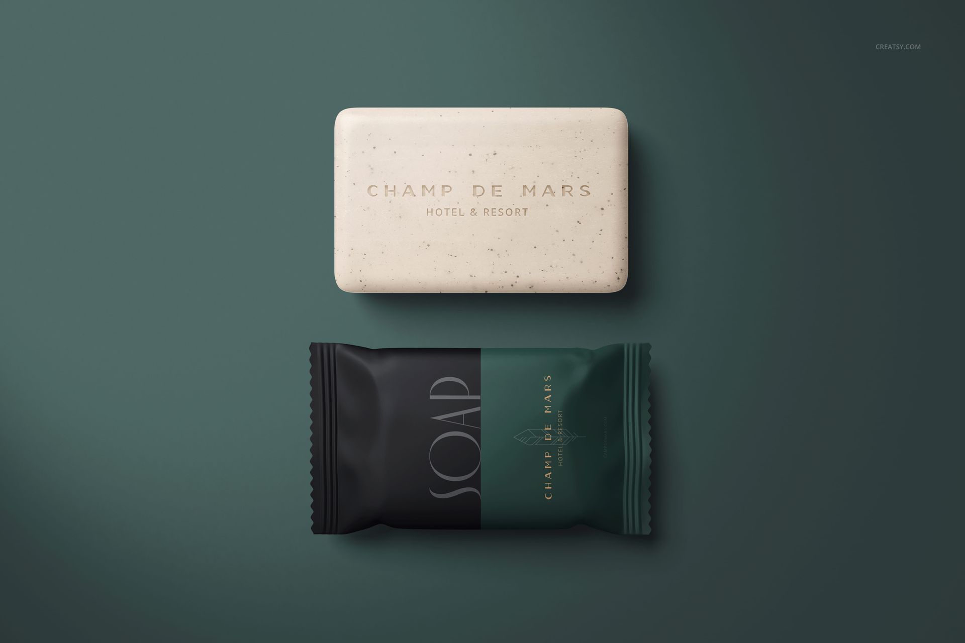 PSD mockup featuring two hotel hand soaps, one unwrapped and one in green and black packaging, top view.