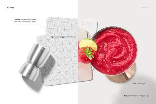 Square coasters mockup set shown from above, featuring steel bar tools and a cocktail glass with fruit garnish.