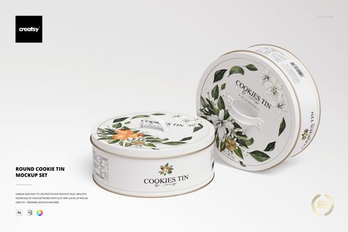 Two round cookie tins with floral designs in white, green, and orange, shown on a light surface in a packaging mockup.