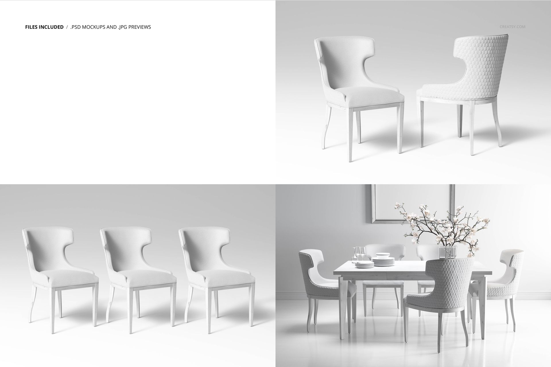 PSD mockup of dining room chairs and table in a clean, light-filled space, featuring soft shadows and simple decor elements.