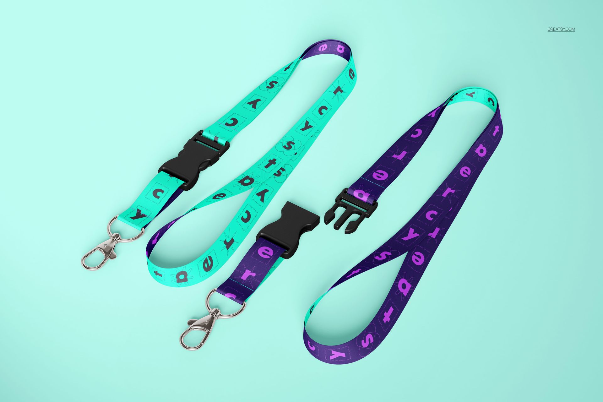 PSD mockup of two detachable lanyards, one teal and one purple, each with metal clips and plastic connectors.