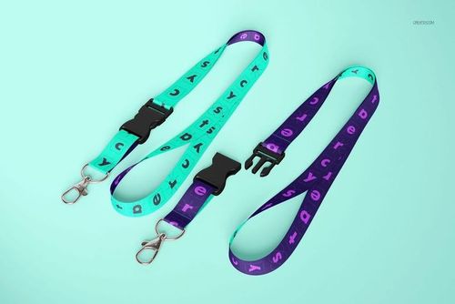 PSD mockup of two detachable lanyards, one teal and one purple, each with metal clips and plastic connectors.