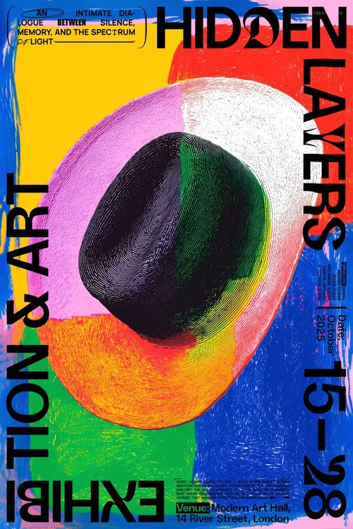 Abstract poster mockup with a geometric hat illustration in vivid colors and textured patterns, front perspective.