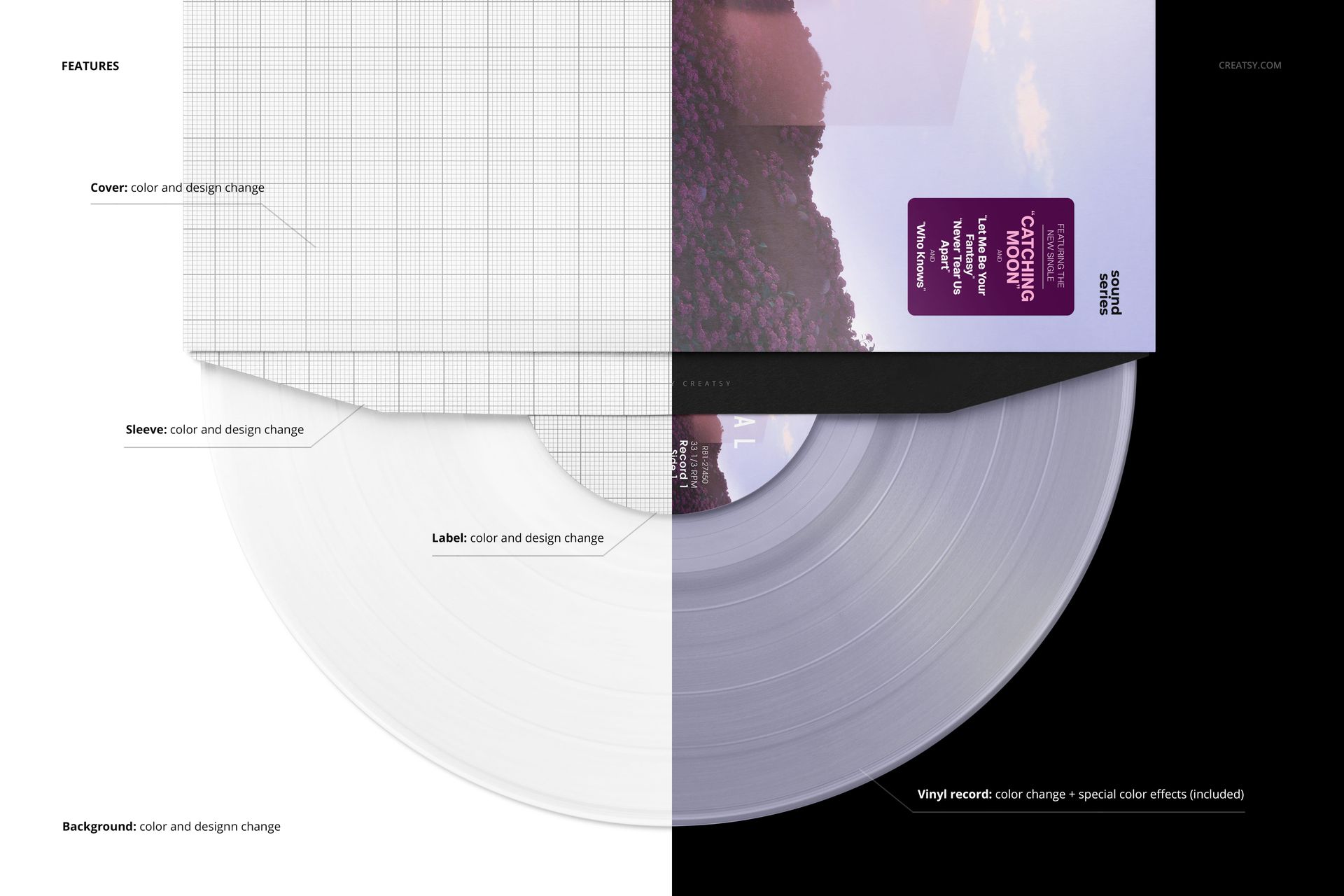 Translucent vinyl record mockup with customizable cover, sleeve, label, and background, shown in a split layout.