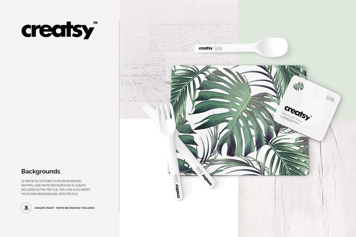 Placemat and coaster set mockup featuring a tropical leaf pattern, shown from a top view with white cutlery on a light surface.