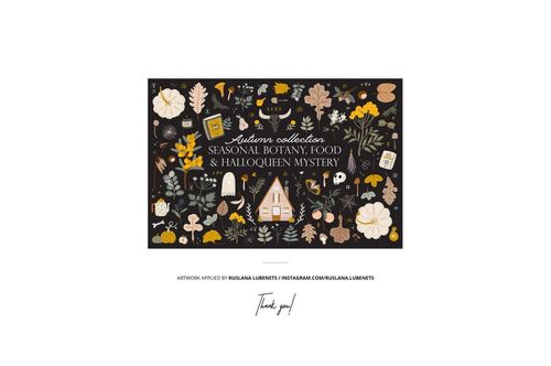 Front view of a Halloween-themed fabric mockup featuring autumn leaves, pumpkins, ghosts, and seasonal food illustrations.