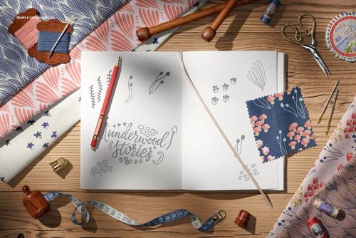 Top view of a creative desk with cotton fabric rolls, open sketchbook with botanical drawings, and sewing tools.