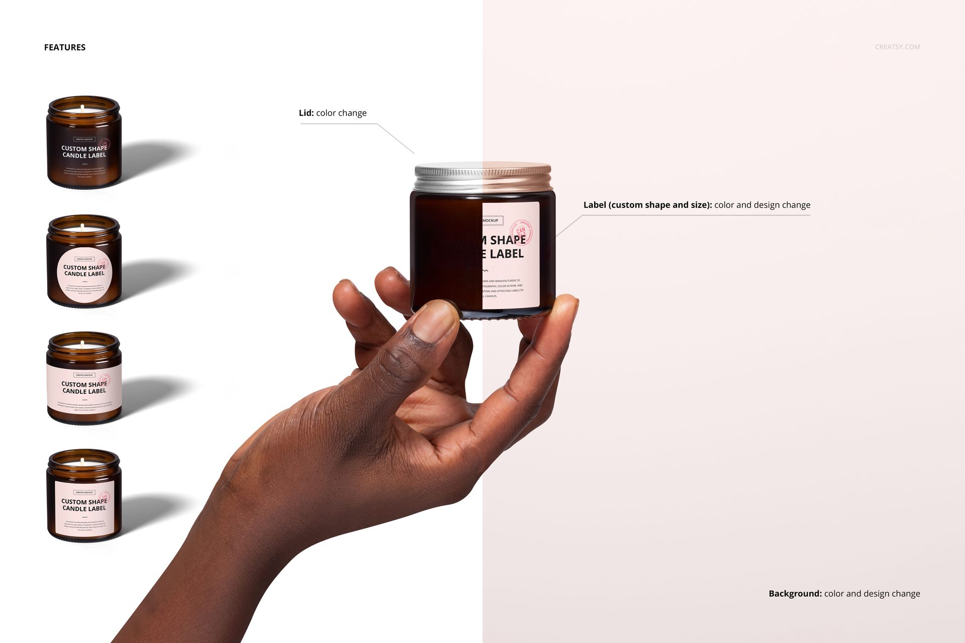 Front view of amber glass jar candles with cotton wicks, shown in a PSD mockup set with customizable labels.