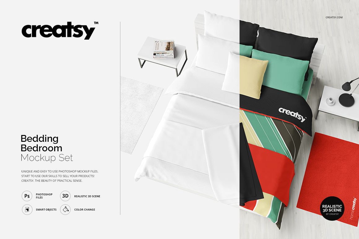 Top view of a bedroom mockup set featuring a bed with colorful pillows, quilt, and blanket in a modern scene.