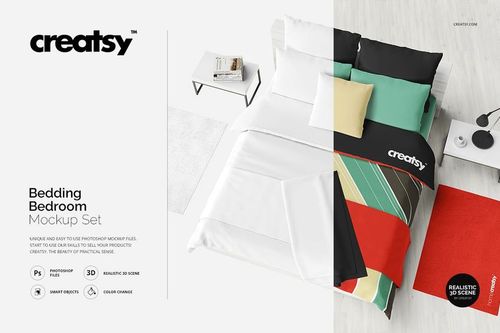 Top view of a bedroom mockup set featuring a bed with colorful pillows, quilt, and blanket in a modern scene.