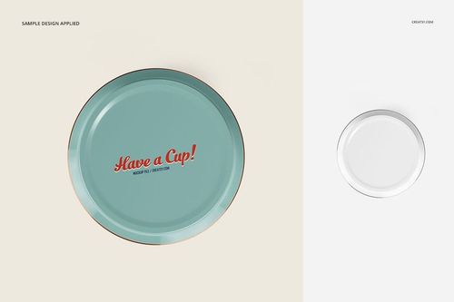 Top view of a metal canister mockup with a teal lid and decorative red script, displayed on a light surface.