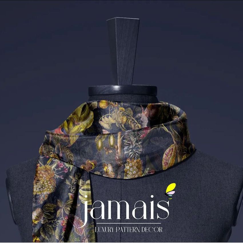 Silk scarf with a dark floral pattern draped around a black mannequin, shown from the front against a plain dark background.