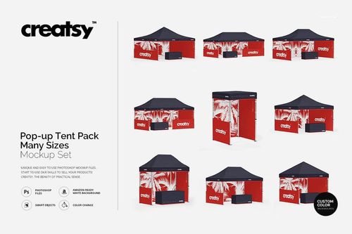 PSD mockup featuring a collection of pop-up tents in multiple sizes, each with red and dark blue color scheme.