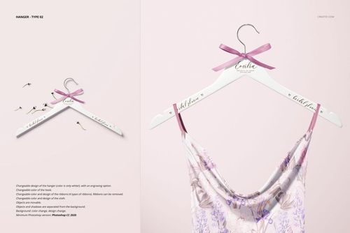 White adult hanger mockup with customizable engraving and pink ribbon, displaying a patterned dress against a pastel backdrop.