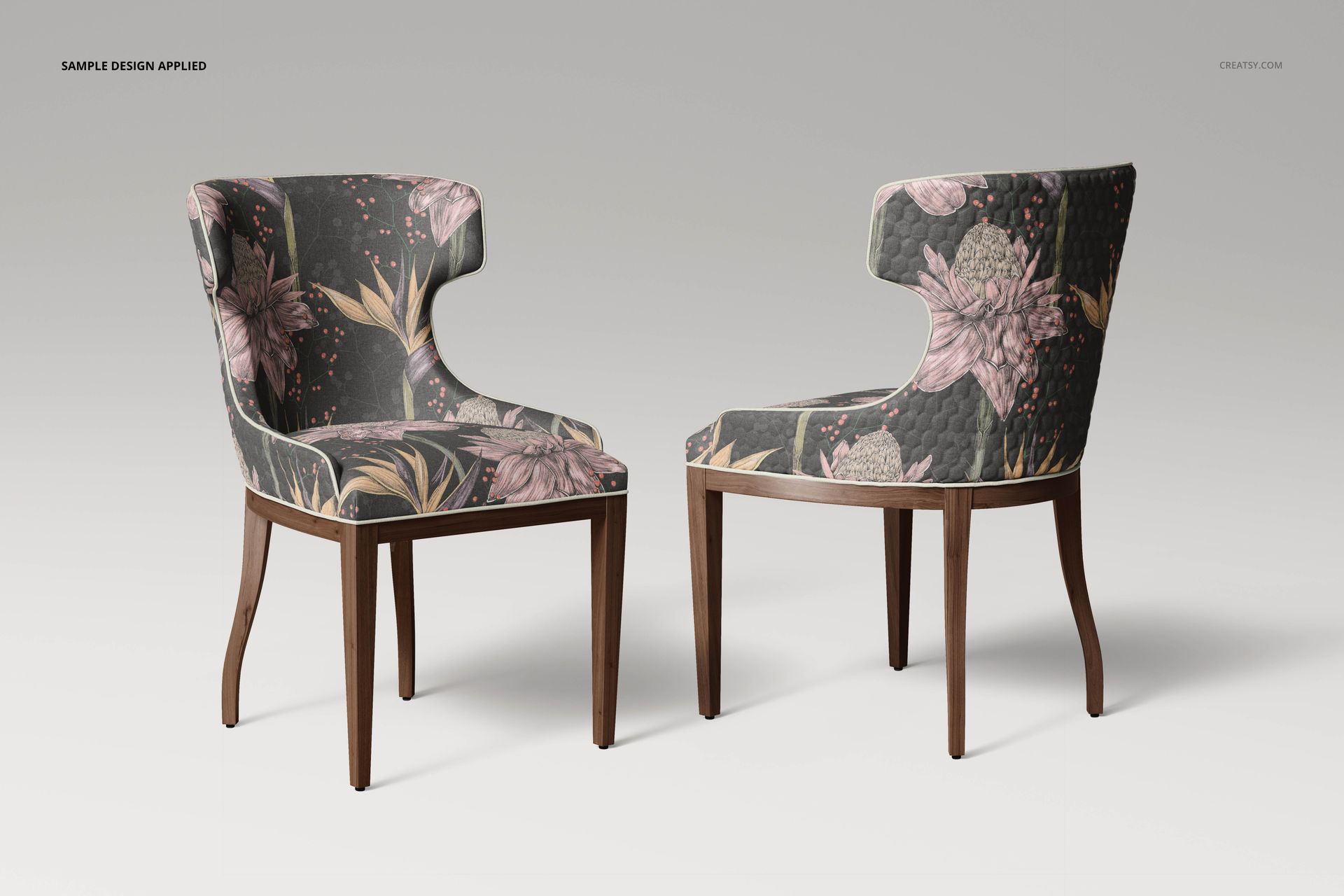 Dining room chair mockup set showing two chairs with floral fabric in muted pink and green tones, isolated on gray background.