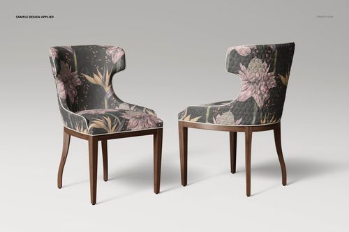 Dining room chair mockup set showing two chairs with floral fabric in muted pink and green tones, isolated on gray background.