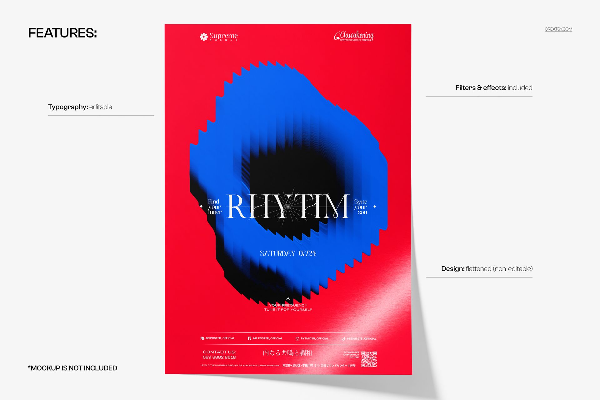 PSD mockup of a poster displaying a vivid red backdrop with a central blue and black wave pattern and white text.