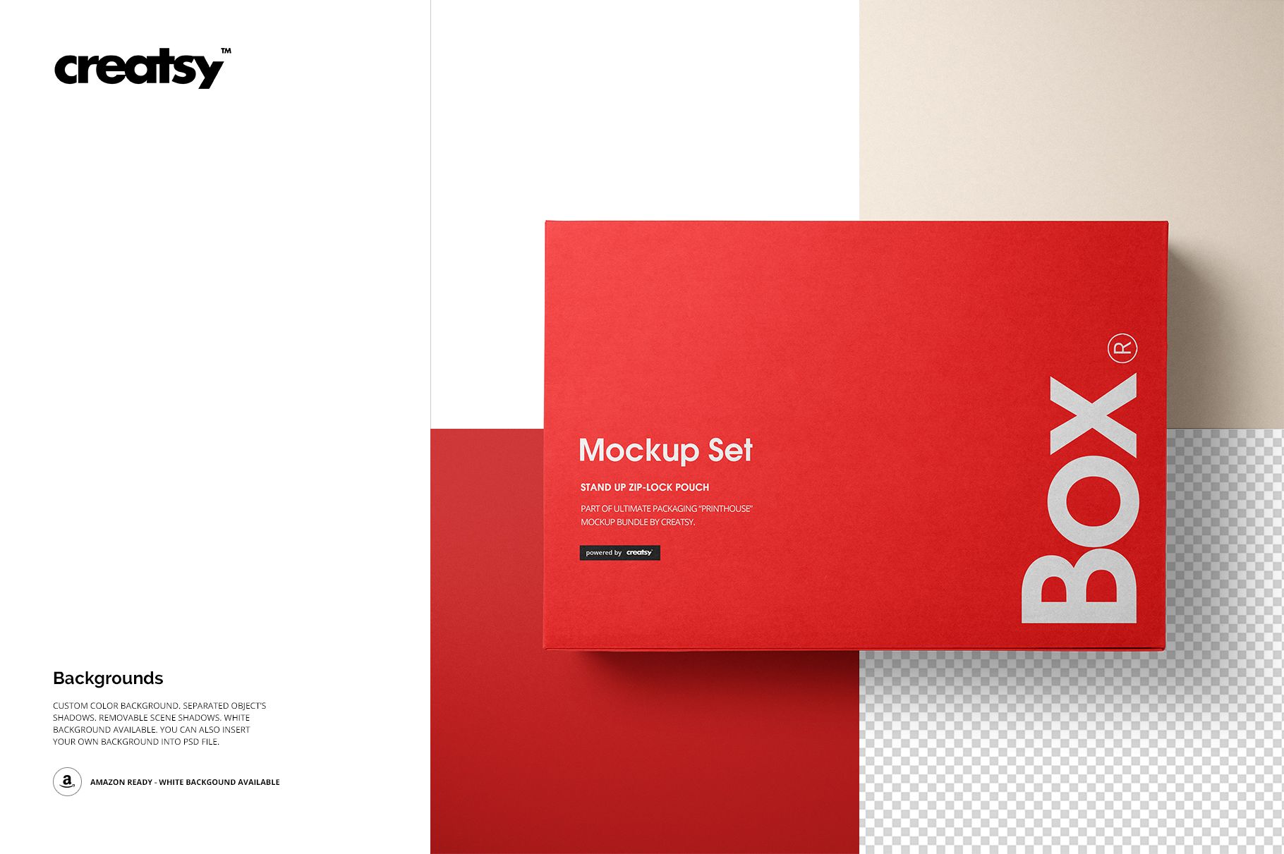 Rectangular kraft set box mockup in bright red, displayed from a top view on a geometric background.