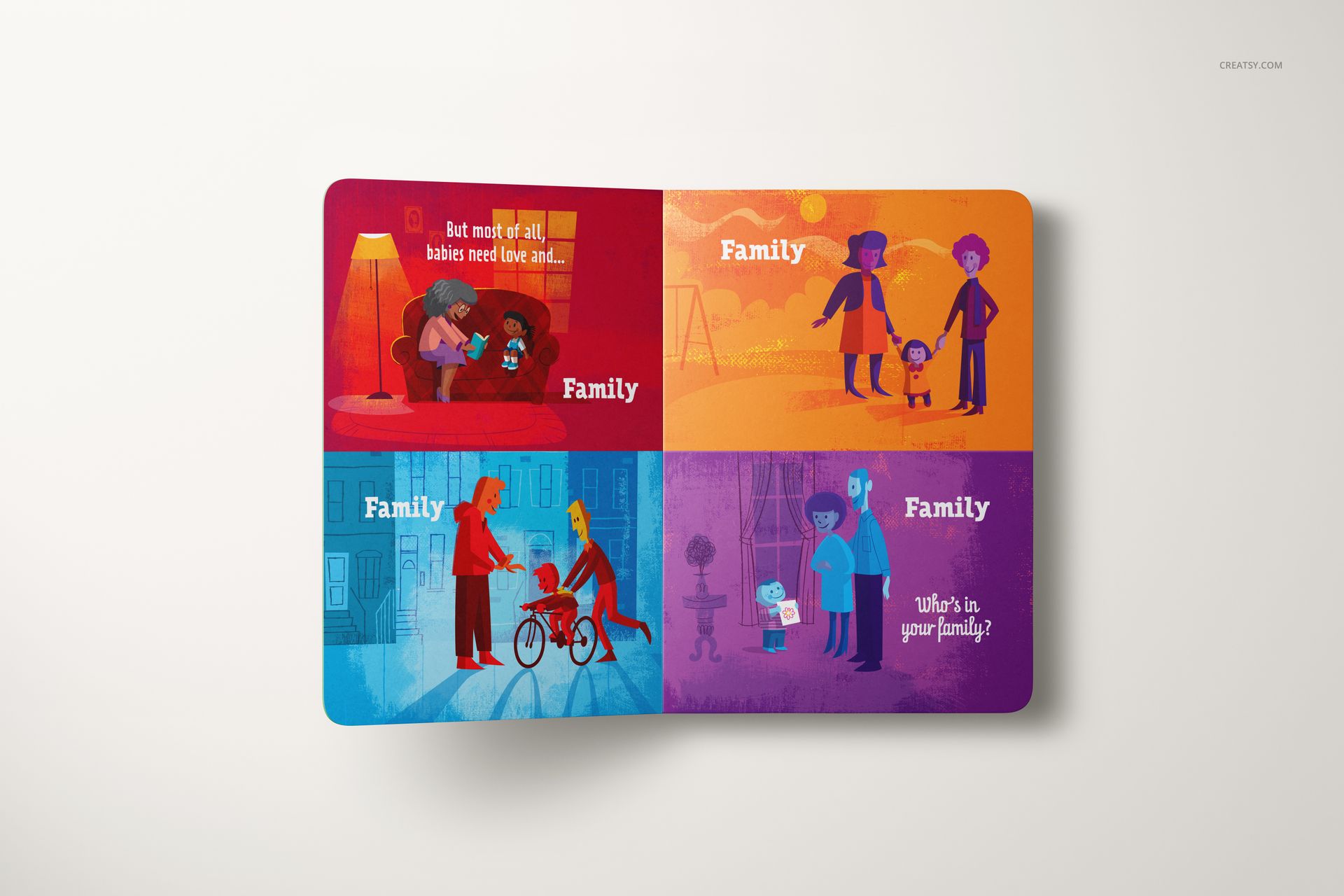Top view of an open board book mockup with four vibrant family-themed illustrations and bold colors.