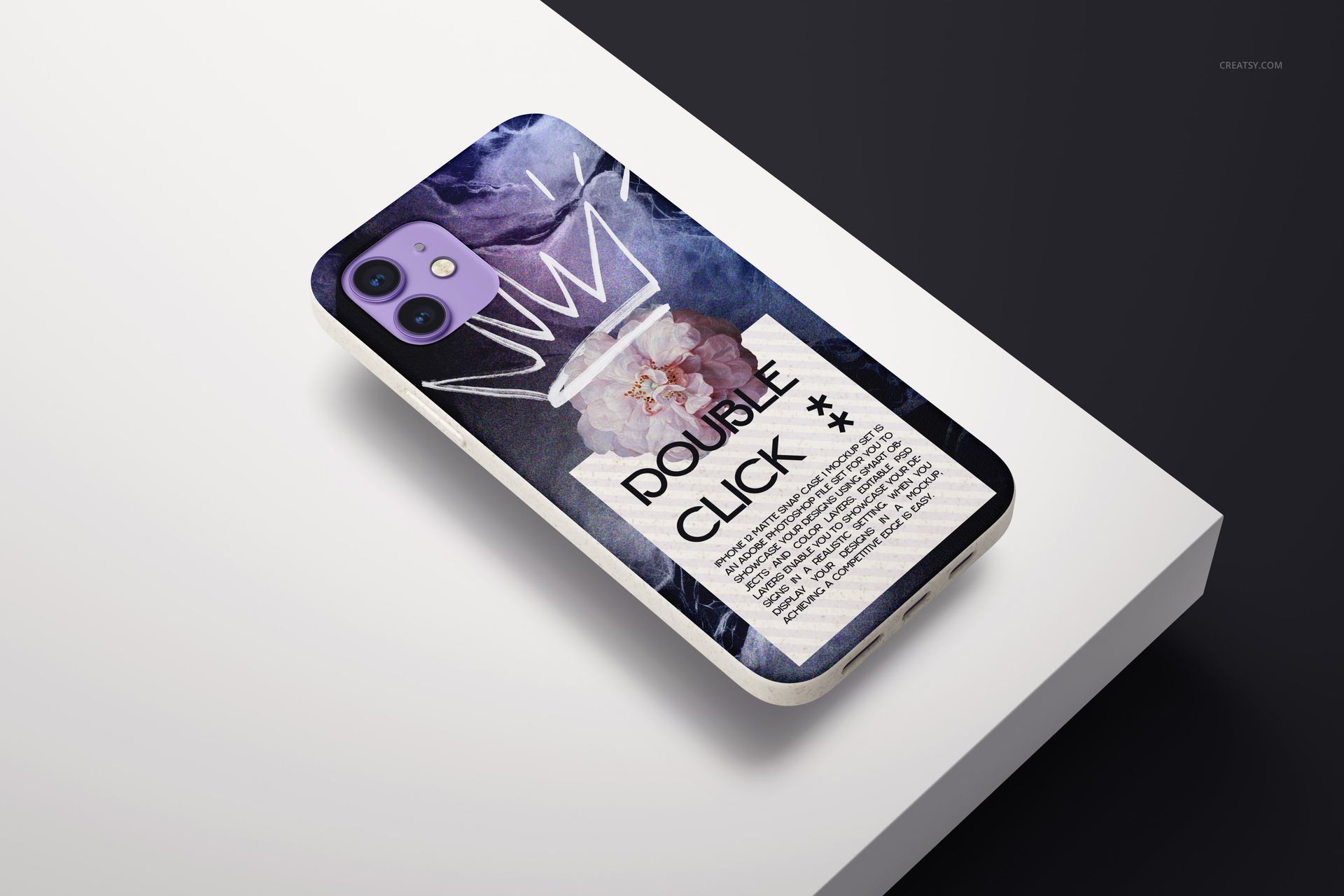 iPhone 12 eco case with abstract purple and white design, shown in a PSD mockup on a white platform, angled view