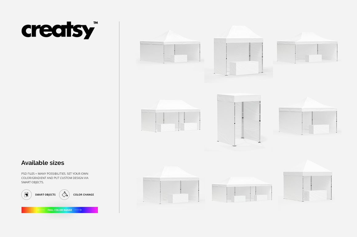 Multiple pop up tents in different dimensions arranged on a light background, mockup for design customization.