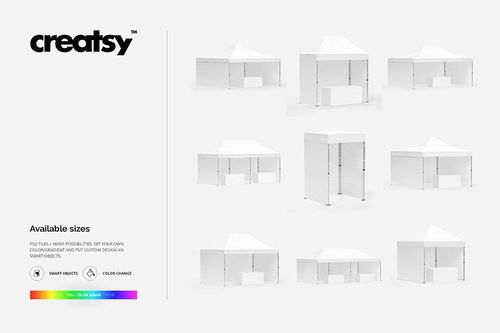 Multiple pop up tents in different dimensions arranged on a light background, mockup for design customization.